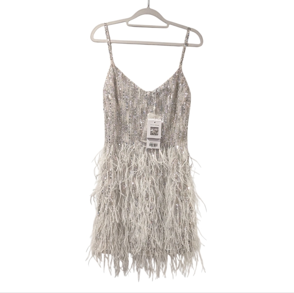 NADINE MERABI Silver Sequin & Feather Mini Dress